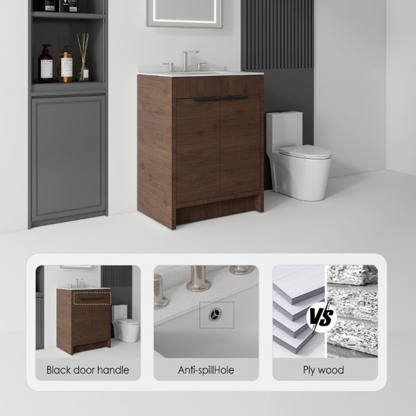 English Elm 24 Inch Freestanding Bathroom Vanity with Cultured Marble Top Soft Close Door Storage Brown Granite White B2775S00165