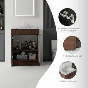 English Elm 24 Inch Freestanding Bathroom Vanity with Cultured Marble Top Soft Close Door Storage Brown Granite White B2775S00165