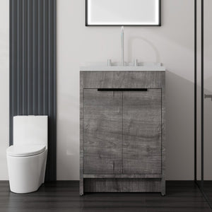 English Elm 24 Inch Freestanding Bathroom Vanity Plywood Cabinet Cultured Marble Sink Top Grey Carrara White B2775S00166