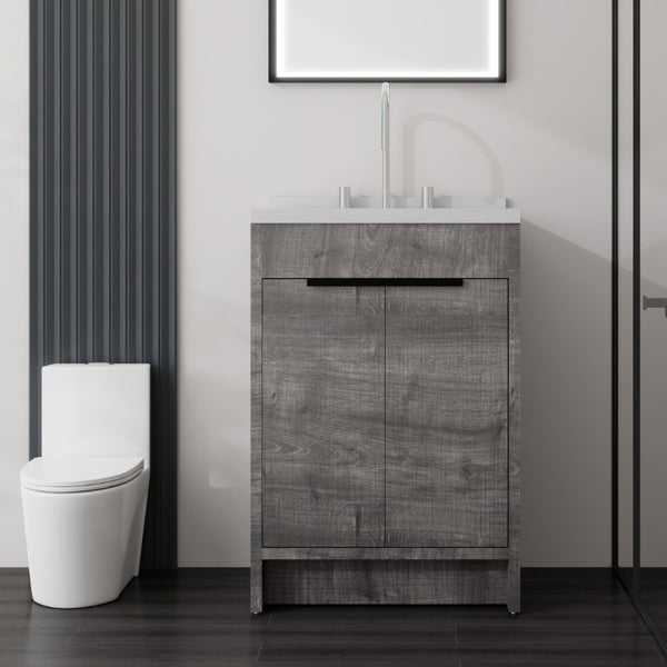 English Elm 24 Inch Freestanding Bathroom Vanity Plywood Cabinet Cultured Marble Sink Top Grey Carrara White B2775S00166
