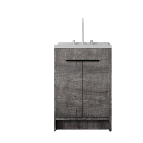 English Elm 24 Inch Freestanding Bathroom Vanity Plywood Cabinet Cultured Marble Sink Top Grey Carrara White B2775S00166