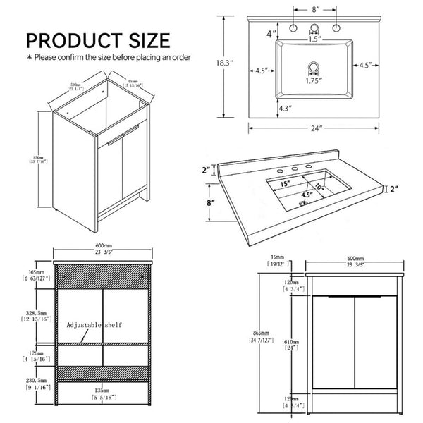 English Elm 24 Inch Freestanding Bathroom Vanity Plywood Cabinet Cultured Marble Sink Top Grey Carrara White B2775S00166