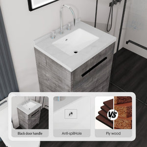 English Elm 24 Inch Freestanding Bathroom Vanity Plywood Cabinet Cultured Marble Sink Top Grey Carrara White B2775S00166