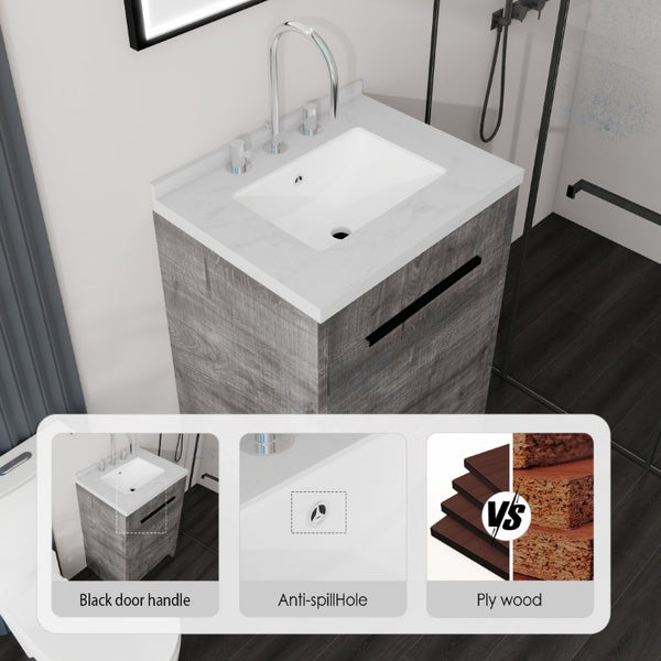 English Elm 24 Inch Freestanding Bathroom Vanity Plywood Cabinet Cultured Marble Sink Top Grey Carrara White B2775S00166