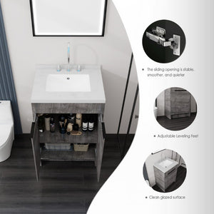 English Elm 24 Inch Freestanding Bathroom Vanity Plywood Cabinet Cultured Marble Sink Top Grey Carrara White B2775S00166