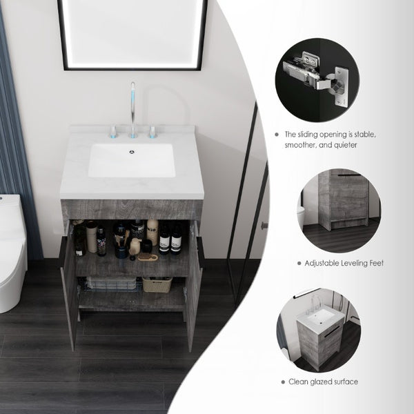 English Elm 24 Inch Freestanding Bathroom Vanity Plywood Cabinet Cultured Marble Sink Top Grey Carrara White B2775S00166