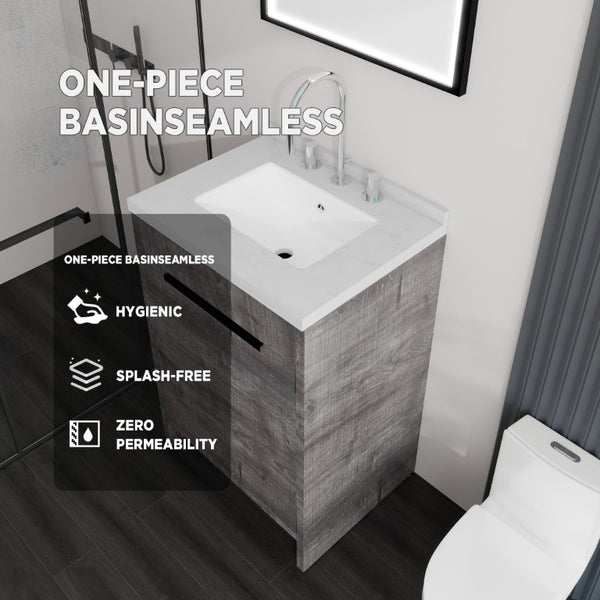 English Elm 24 Inch Freestanding Bathroom Vanity Plywood Cabinet Cultured Marble Sink Top Grey Carrara White B2775S00166