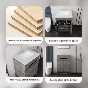 English Elm 24 Inch Freestanding Bathroom Vanity Plywood Cabinet Cultured Marble Sink Top Grey Carrara White B2775S00166