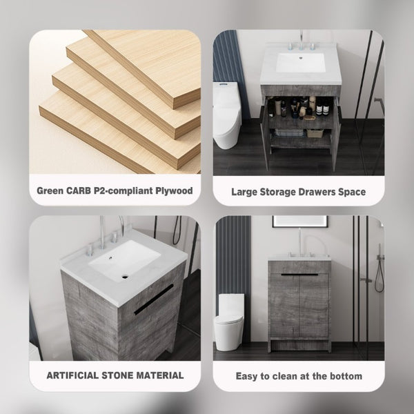 English Elm 24 Inch Freestanding Bathroom Vanity Plywood Cabinet Cultured Marble Sink Top Grey Carrara White B2775S00166