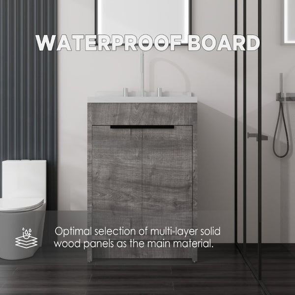 English Elm 24 Inch Freestanding Bathroom Vanity Plywood Cabinet Cultured Marble Sink Top Grey Carrara White B2775S00166