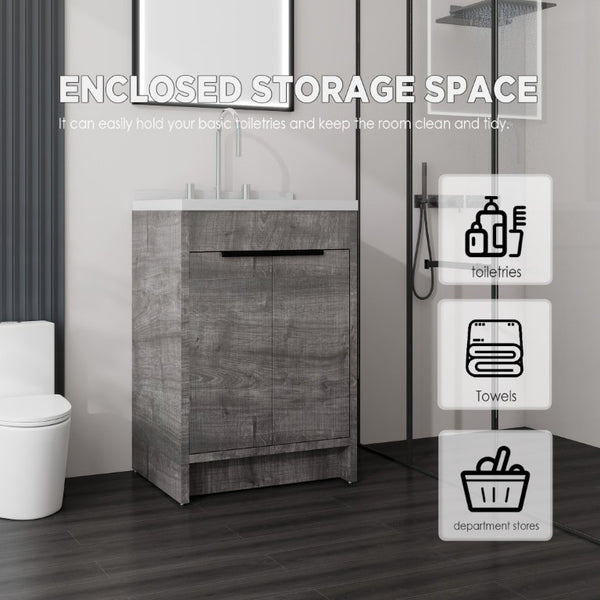 English Elm 24 Inch Freestanding Bathroom Vanity Plywood Cabinet Cultured Marble Sink Top Grey Carrara White B2775S00166