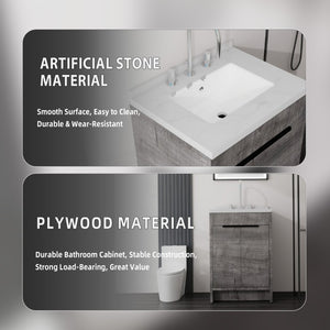 English Elm 24 Inch Freestanding Bathroom Vanity Plywood Cabinet Cultured Marble Sink Top Grey Carrara White B2775S00166