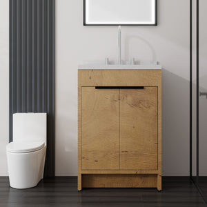 English Elm 24 Inch Freestanding Bathroom Vanity Plywood Cabinet Cultured Marble Sink Top Oak Carrara White B2775S00167