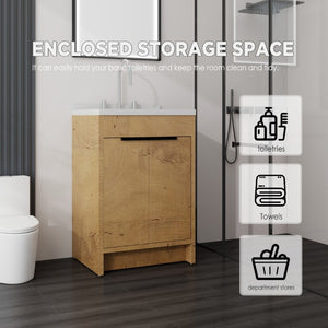 English Elm 24 Inch Freestanding Bathroom Vanity Plywood Cabinet Cultured Marble Sink Top Oak Carrara White B2775S00167