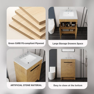English Elm 24 Inch Freestanding Bathroom Vanity Plywood Cabinet Cultured Marble Sink Top Oak Carrara White B2775S00167