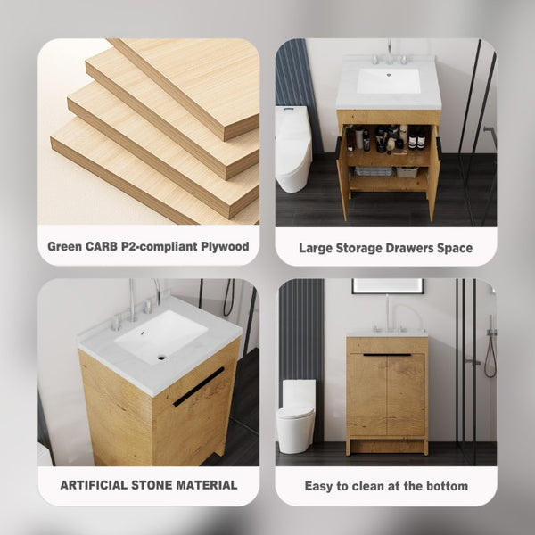 English Elm 24 Inch Freestanding Bathroom Vanity Plywood Cabinet Cultured Marble Sink Top Oak Carrara White B2775S00167