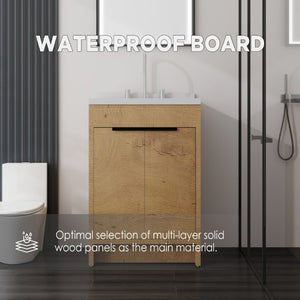 English Elm 24 Inch Freestanding Bathroom Vanity Plywood Cabinet Cultured Marble Sink Top Oak Carrara White B2775S00167