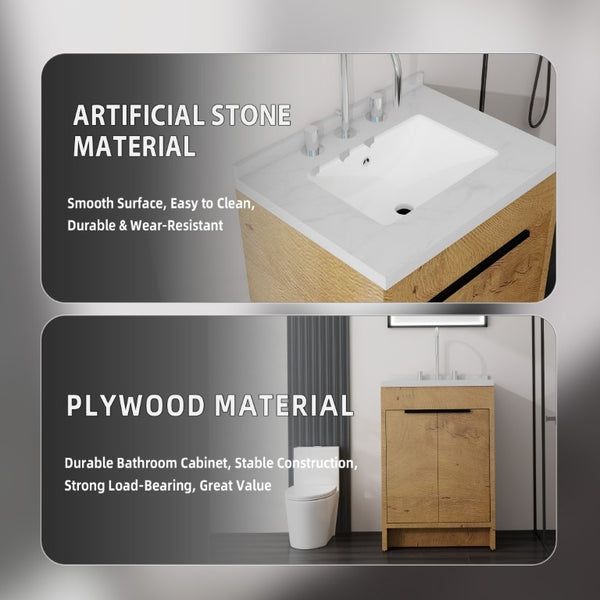 English Elm 24 Inch Freestanding Bathroom Vanity Plywood Cabinet Cultured Marble Sink Top Oak Carrara White B2775S00167