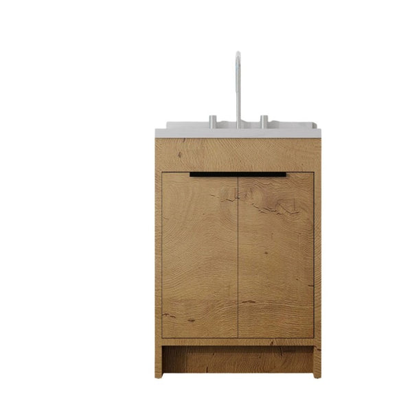 English Elm 24 Inch Freestanding Bathroom Vanity Plywood Cabinet Cultured Marble Sink Top Oak Carrara White B2775S00167