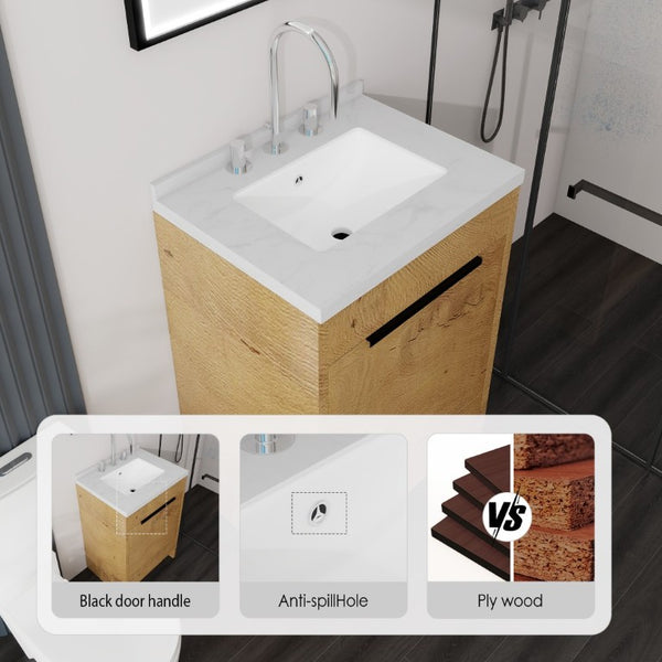 English Elm 24 Inch Freestanding Bathroom Vanity Plywood Cabinet Cultured Marble Sink Top Oak Carrara White B2775S00167