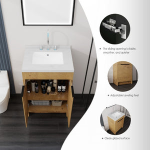 English Elm 24 Inch Freestanding Bathroom Vanity Plywood Cabinet Cultured Marble Sink Top Oak Carrara White B2775S00167
