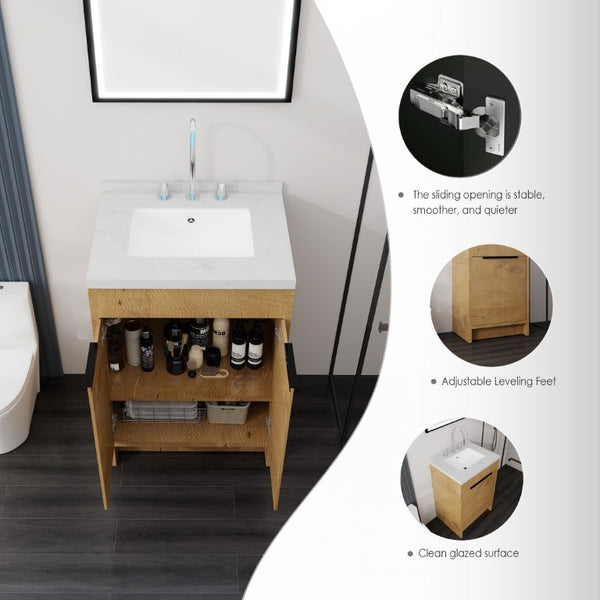 English Elm 24 Inch Freestanding Bathroom Vanity Plywood Cabinet Cultured Marble Sink Top Oak Carrara White B2775S00167