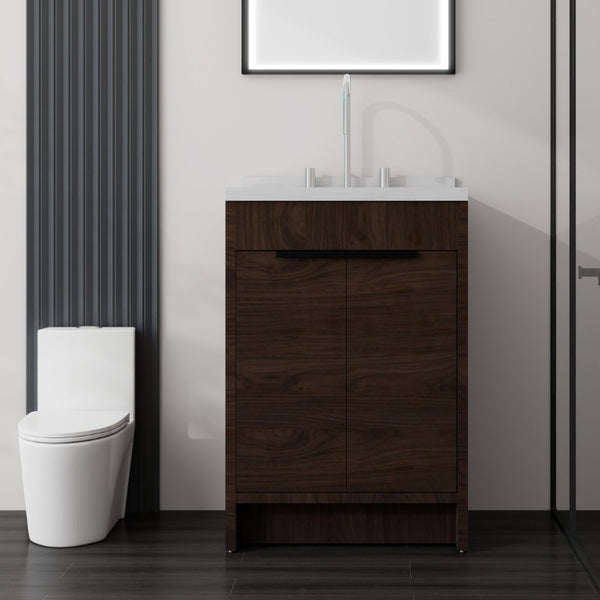 English Elm 24 Inch Freestanding Bathroom Vanity Plywood Cabinet Cultured Marble Sink Top Brown Carrara White B2775S00168