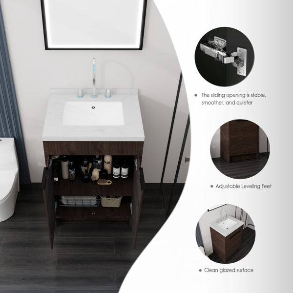English Elm 24 Inch Freestanding Bathroom Vanity Plywood Cabinet Cultured Marble Sink Top Brown Carrara White B2775S00168