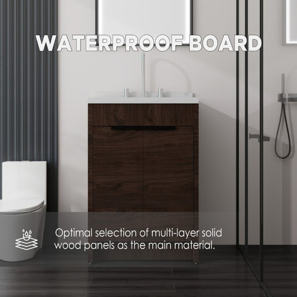 English Elm 24 Inch Freestanding Bathroom Vanity Plywood Cabinet Cultured Marble Sink Top Brown Carrara White B2775S00168