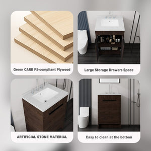 English Elm 24 Inch Freestanding Bathroom Vanity Plywood Cabinet Cultured Marble Sink Top Brown Carrara White B2775S00168