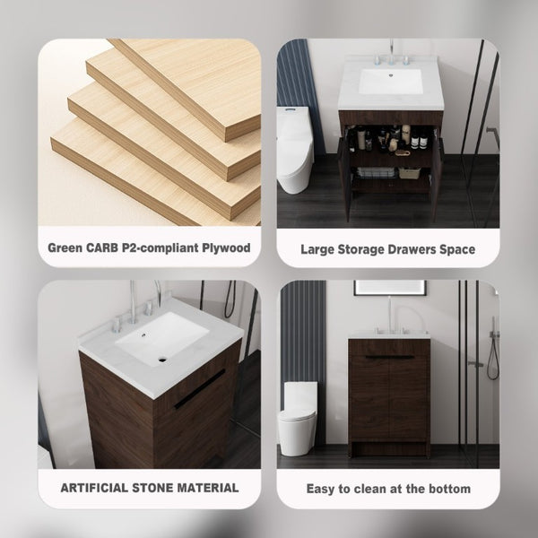 English Elm 24 Inch Freestanding Bathroom Vanity Plywood Cabinet Cultured Marble Sink Top Brown Carrara White B2775S00168
