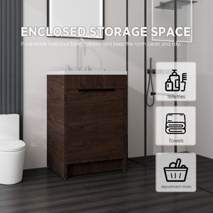 English Elm 24 Inch Freestanding Bathroom Vanity Plywood Cabinet Cultured Marble Sink Top Brown Carrara White B2775S00168
