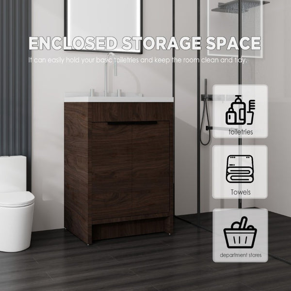English Elm 24 Inch Freestanding Bathroom Vanity Plywood Cabinet Cultured Marble Sink Top Brown Carrara White B2775S00168