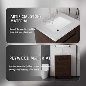 English Elm 24 Inch Freestanding Bathroom Vanity Plywood Cabinet Cultured Marble Sink Top Brown Carrara White B2775S00168