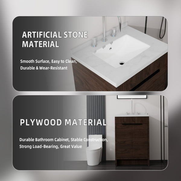 English Elm 24 Inch Freestanding Bathroom Vanity Plywood Cabinet Cultured Marble Sink Top Brown Carrara White B2775S00168