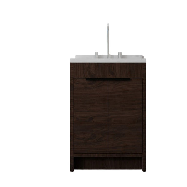 English Elm 24 Inch Freestanding Bathroom Vanity Plywood Cabinet Cultured Marble Sink Top Brown Carrara White B2775S00168