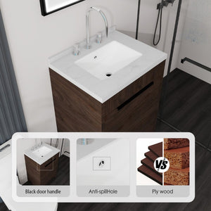 English Elm 24 Inch Freestanding Bathroom Vanity Plywood Cabinet Cultured Marble Sink Top Brown Carrara White B2775S00168