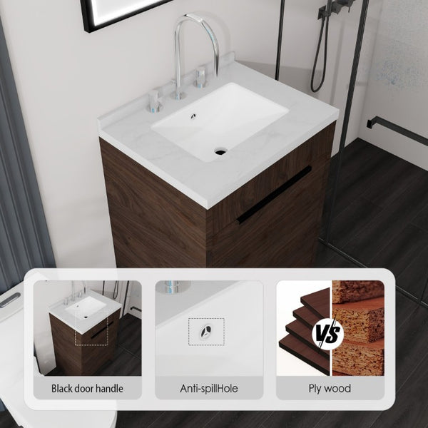 English Elm 24 Inch Freestanding Bathroom Vanity Plywood Cabinet Cultured Marble Sink Top Brown Carrara White B2775S00168