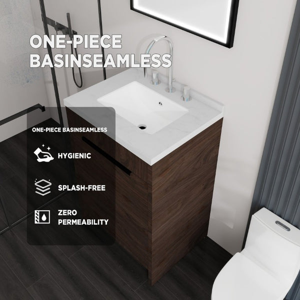 English Elm 24 Inch Freestanding Bathroom Vanity Plywood Cabinet Cultured Marble Sink Top Brown Carrara White B2775S00168