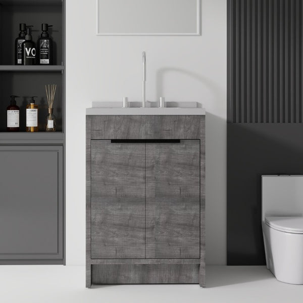 English Elm 24 Inch Freestanding Bathroom Vanity Plywood Cabinet Cultured Marble Sink Top Grey Granite White B2775S00169