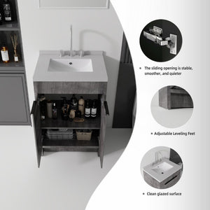 English Elm 24 Inch Freestanding Bathroom Vanity Plywood Cabinet Cultured Marble Sink Top Grey Granite White B2775S00169