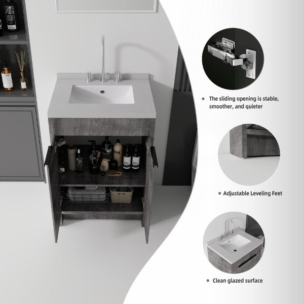 English Elm 24 Inch Freestanding Bathroom Vanity Plywood Cabinet Cultured Marble Sink Top Grey Granite White B2775S00169