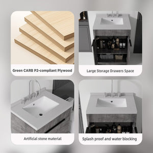 English Elm 24 Inch Freestanding Bathroom Vanity Plywood Cabinet Cultured Marble Sink Top Grey Granite White B2775S00169
