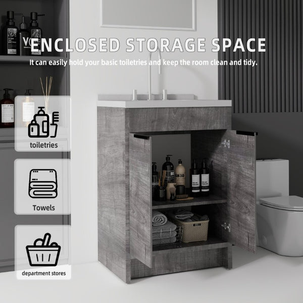 English Elm 24 Inch Freestanding Bathroom Vanity Plywood Cabinet Cultured Marble Sink Top Grey Granite White B2775S00169