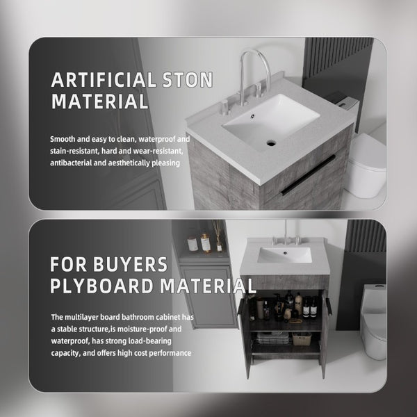 English Elm 24 Inch Freestanding Bathroom Vanity Plywood Cabinet Cultured Marble Sink Top Grey Granite White B2775S00169