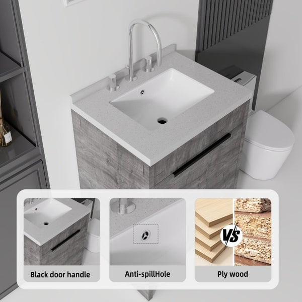 English Elm 24 Inch Freestanding Bathroom Vanity Plywood Cabinet Cultured Marble Sink Top Grey Granite White B2775S00169