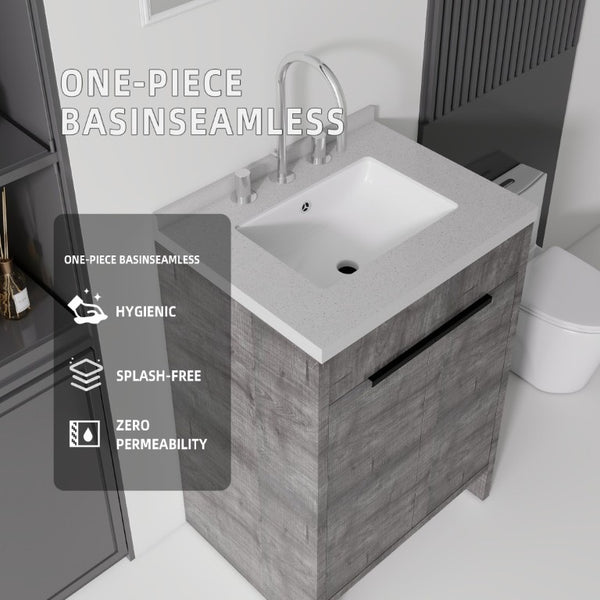 English Elm 24 Inch Freestanding Bathroom Vanity Plywood Cabinet Cultured Marble Sink Top Grey Granite White B2775S00169