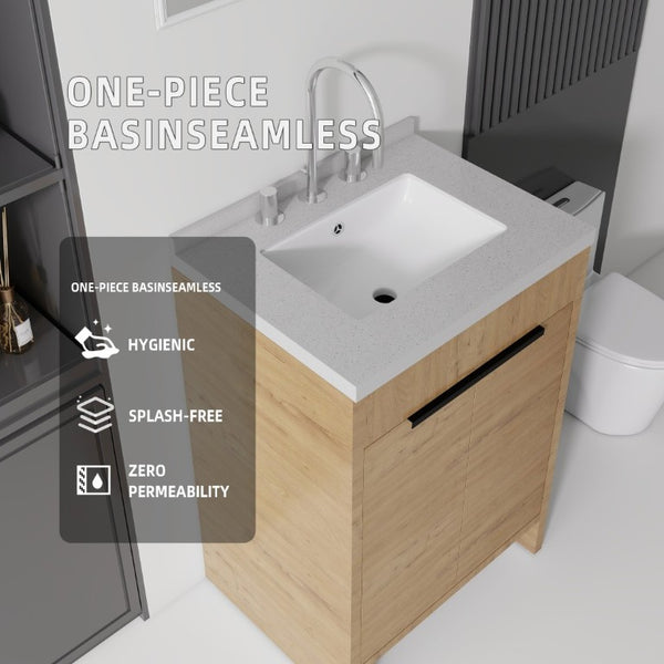English Elm 24 Inch Freestanding Bathroom Vanity Plywood Cabinet Cultured Marble Sink Top Oak Granite White B2775S00170