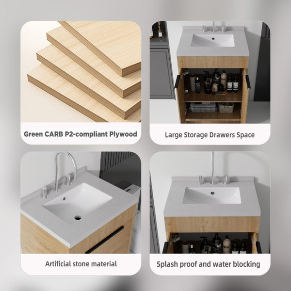 English Elm 24 Inch Freestanding Bathroom Vanity Plywood Cabinet Cultured Marble Sink Top Oak Granite White B2775S00170