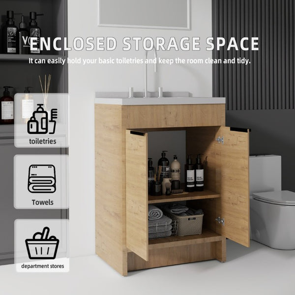 English Elm 24 Inch Freestanding Bathroom Vanity Plywood Cabinet Cultured Marble Sink Top Oak Granite White B2775S00170